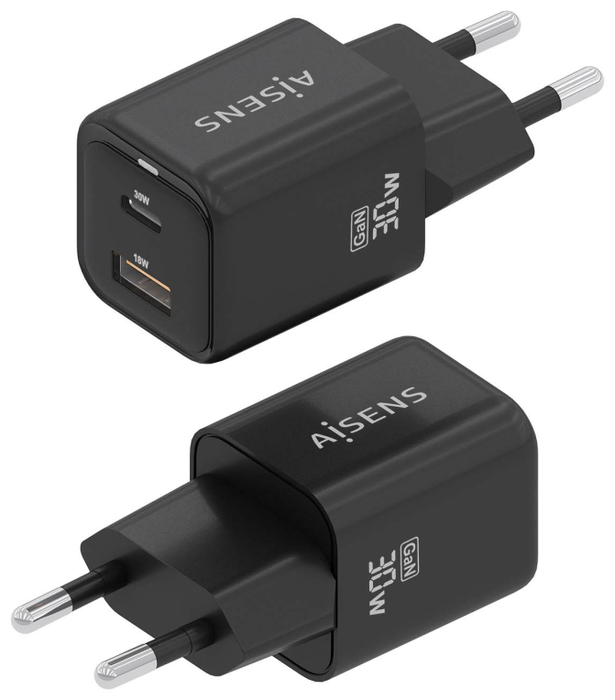 Aisens Cargador GaN 30W con 1x USB-C PD 3.0 y 1x USB-A QC 3.0, Negro