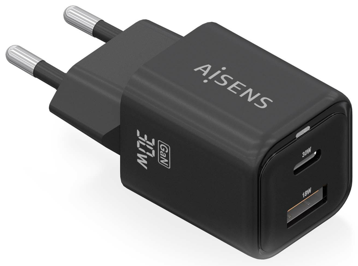 Aisens Cargador GaN 30W con 1x USB-C PD 3.0 y 1x USB-A QC 3.0, Negro