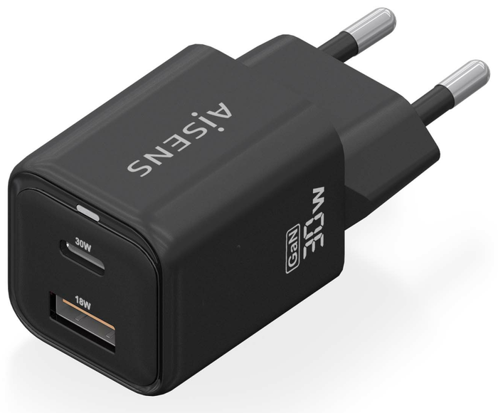 Aisens Cargador GaN 30W con 1x USB-C PD 3.0 y 1x USB-A QC 3.0, Negro