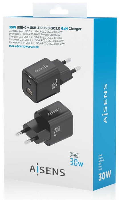 Aisens Cargador GaN 30W con 1x USB-C PD 3.0 y 1x USB-A QC 3.0, Negro