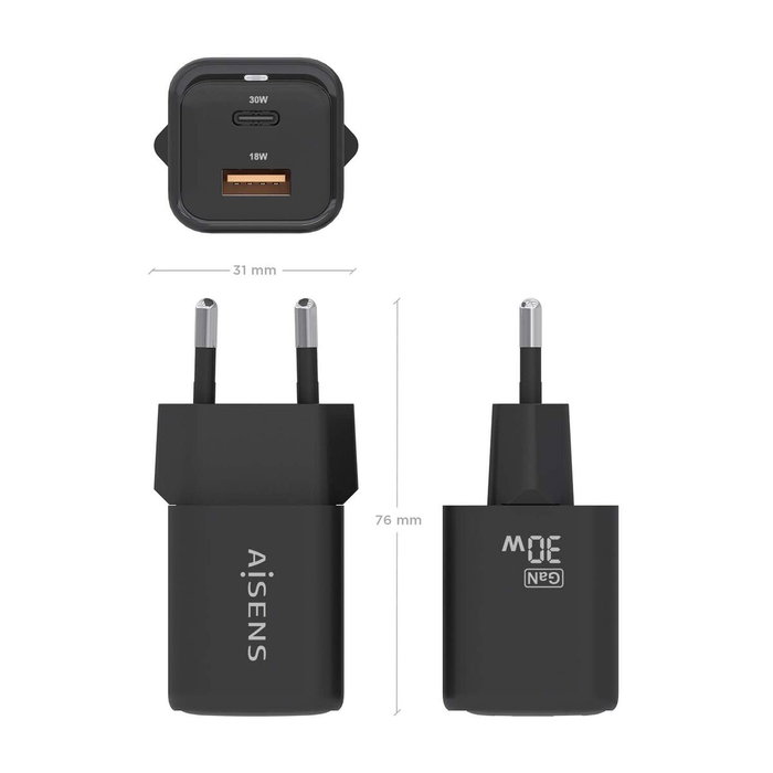 Aisens Cargador GaN 30W con 1x USB-C PD 3.0 y 1x USB-A QC 3.0, Negro