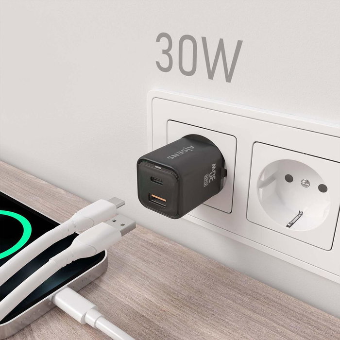 Aisens Cargador GaN 30W con 1x USB-C PD 3.0 y 1x USB-A QC 3.0, Negro