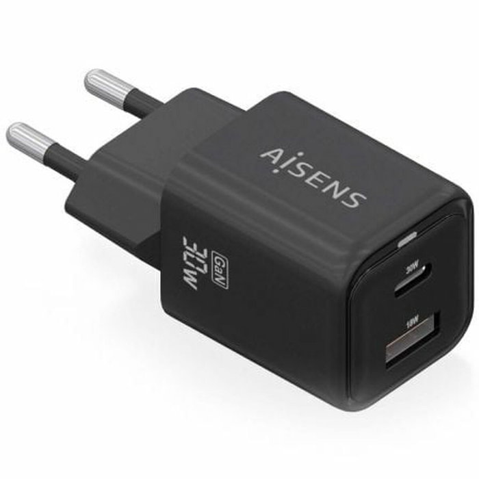 Aisens Cargador GaN 30W con 1x USB-C PD 3.0 y 1x USB-A QC 3.0, Negro