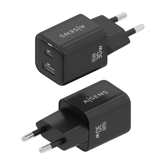 Aisens Cargador GaN 30W con 1x USB-C PD 3.0 y 1x USB-A QC 3.0, Negro