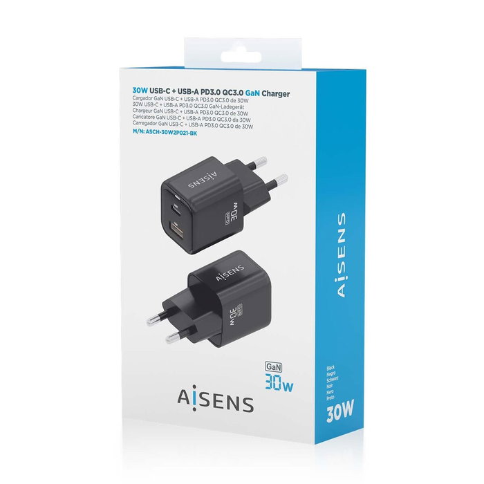 Aisens Cargador GaN 30W con 1x USB-C PD 3.0 y 1x USB-A QC 3.0, Negro