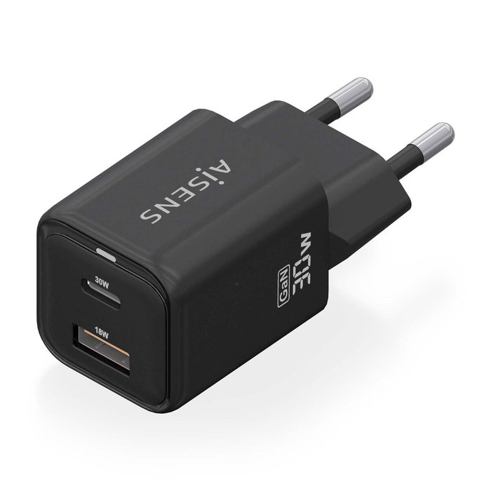 Aisens Cargador GaN 30W con 1x USB-C PD 3.0 y 1x USB-A QC 3.0, Negro