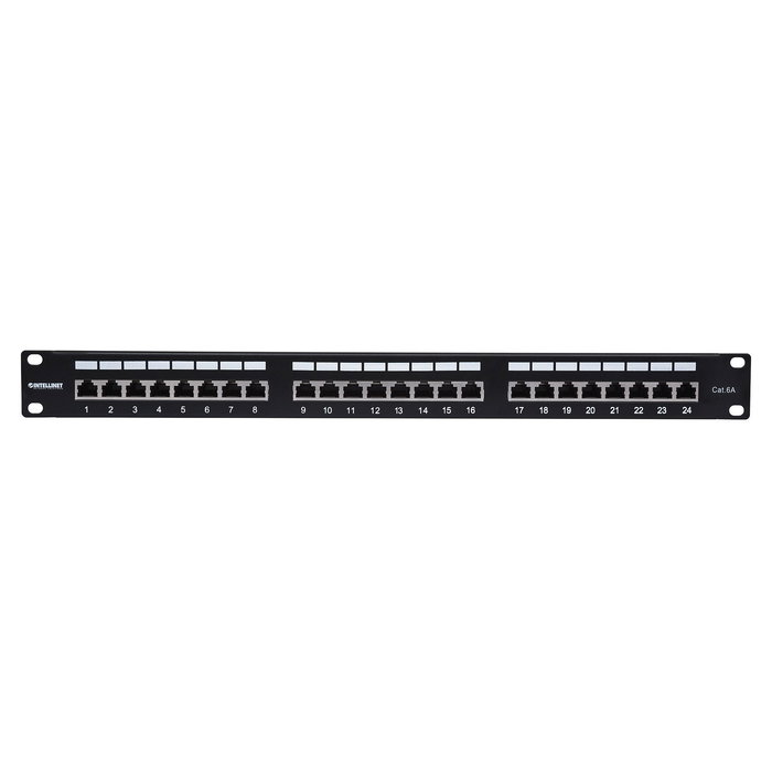 Intellinet Patchpanel Cat6a FTP 24 Puertos 1U Negro, 1HE, Montaje Rack, Blindado F/UTP, 90° Punch-Down