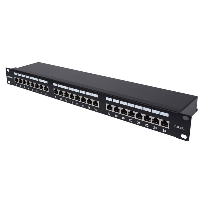 Intellinet Patchpanel Cat6a FTP 24 Puertos 1U Negro, 1HE, Montaje Rack, Blindado F/UTP, 90° Punch-Down
