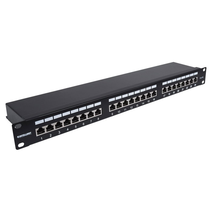 Intellinet Patchpanel Cat6a FTP 24 Puertos 1U Negro, 1HE, Montaje Rack, Blindado F/UTP, 90° Punch-Down