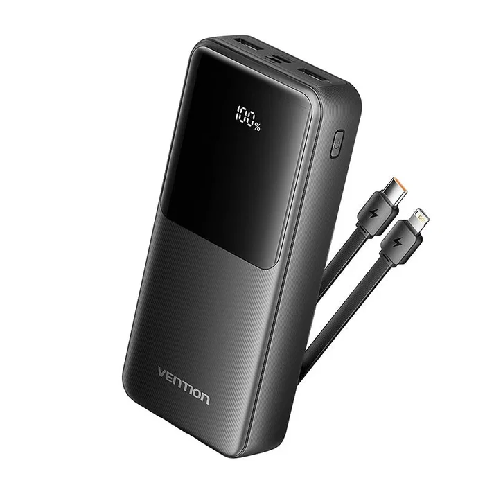 Vention FHPB0 Power Bank Externa 20000 mAh 22.5W Carga Rápida con Pantalla LED - 3 Puertos (USB-C, USB-A, Micro USB) y Cable Incluido - Negro