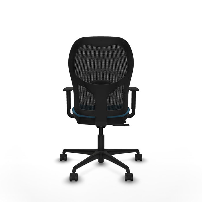 Silla de oficina Jorquera con mecanismo Sincro/Traslack tapizada con Tela color Verde petróleo y malla color Negro. Equipada con lumbar 1D, Brazos 1D y Ruedas 65mm nailon