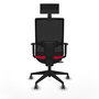 Silla de oficina Horna con mecanismo Sincro/Traslack tapizada con Tela color Rojo y malla color Negro. Equipada con lumbar 1D, Brazos 1D, Cabecero Fijo y Ruedas 65 mm parqué