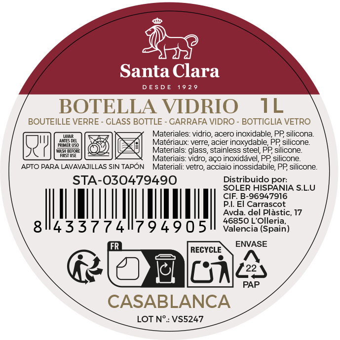 Inde Botella de 1000 ml con Tapa de Metal, Estilo Surticasa Blanca Santa Clara, 10 x 10 x 27.2 cm (6 Unidades)