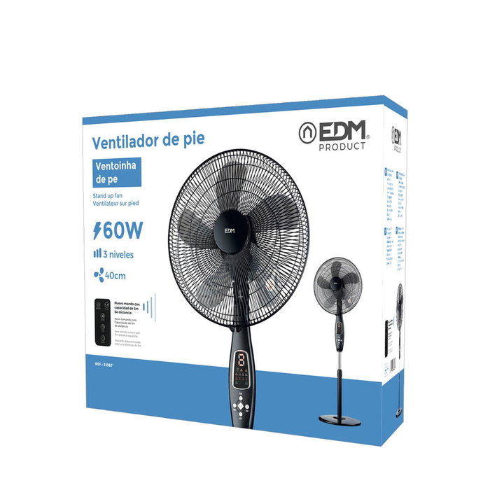 Edm Ventilador de pie con mando a distancia, negro, 60 W