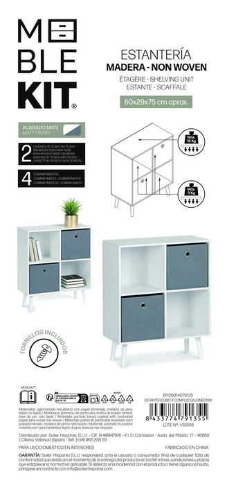 Inde Estantería Cubo con 4 Compartimentos y 2 Cajones, Mueble de Almacenamiento 60 x 29 x 75 cm