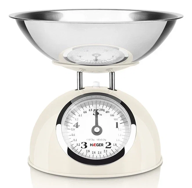 Haeger KS-CME.009A Báscula de Cocina Mecánica, Color Crema y Acero Inoxidable, Capacidad 5 kg con Precisión de 20 g, Con Tazón Extraíble para Encimera