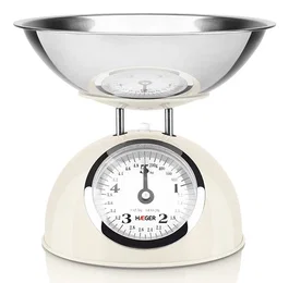 Haeger KS-CME.009A Báscula de Cocina Mecánica, Color Crema y Acero Inoxidable, Capacidad 5 kg con Precisión de 20 g, Con Tazón Extraíble para Encimera