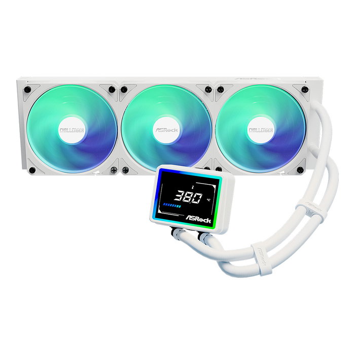 ASRock Challenger White 360 Digital Kit de Refrigeración Líquida AIO, 3 Ventiladores de 120 mm RGB, Pantalla LCD 3", Blanco, Compatible con AM4/AM5/LGA1700/LGA1851