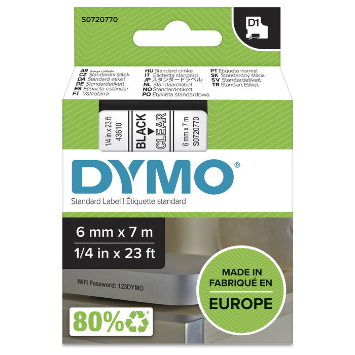 Dymo Cinta D1 6mm x 7m Negro sobre Transparente