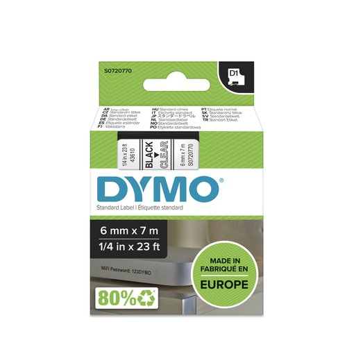 Dymo Cinta D1 6mm x 7m Negro sobre Transparente