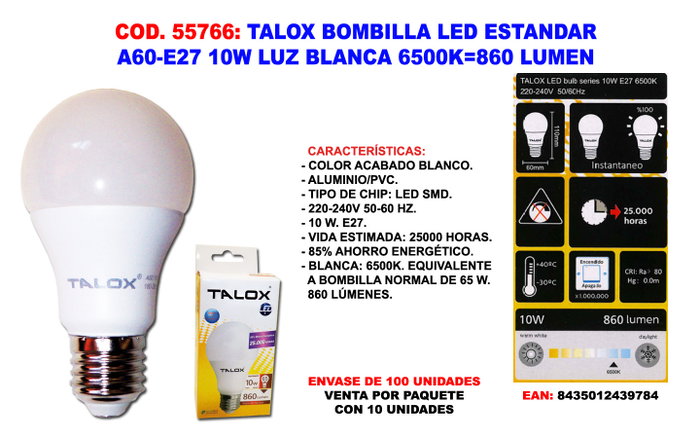TALOX Bombilla LED Estándar A60-E27 10W Luz Blanca 6500K TALOX Bombilla LED Estándar A60-E27 10W Luz Blanca 6500K