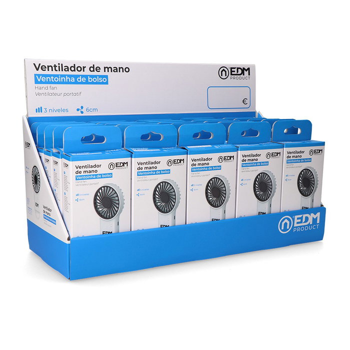EDM Ventilador de Mano Recargable con Gancho Abatible, 3 Velocidades, Batería 400 mAh, USB-C, Autonomía 1h, Incluye Cable, Cinta para Colgar
