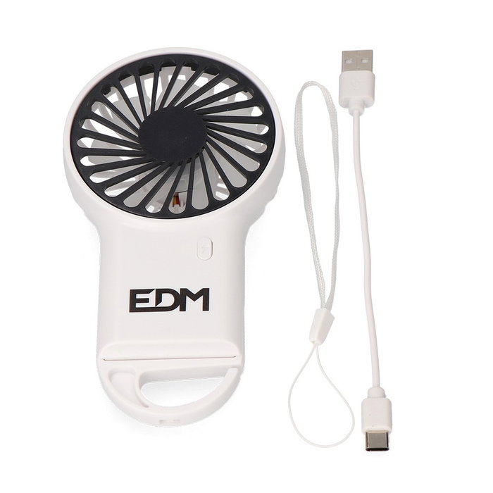EDM Ventilador de Mano Recargable con Gancho Abatible, 3 Velocidades, Batería 400 mAh, USB-C, Autonomía 1h, Incluye Cable, Cinta para Colgar