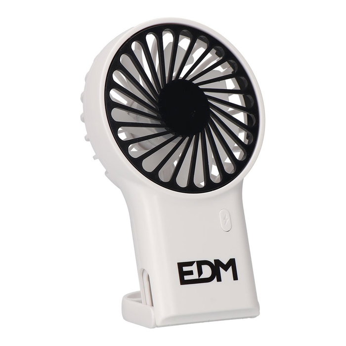 EDM Ventilador de Mano Recargable con Gancho Abatible, 3 Velocidades, Batería 400 mAh, USB-C, Autonomía 1h, Incluye Cable, Cinta para Colgar