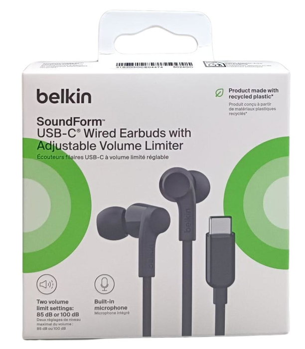 Belkin G3H0002HQBKV2 Auriculares USB-C Negro, Micrófono Integrado, Resistencia al Sudor IPX5, Sonido Signature Sound, Plug and Play