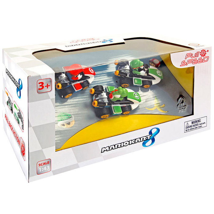 Carrera Set 3 coches Pull Speed Mario Kart 8 Mario Luigi Yoshi Retro Fricción Niños 3+