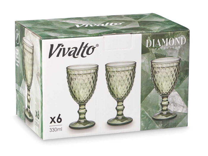 Vivalto Copa Diamante Verde 330 ml Vidrio con separador 8.8x16.8x8.8 cm (Set de 24)