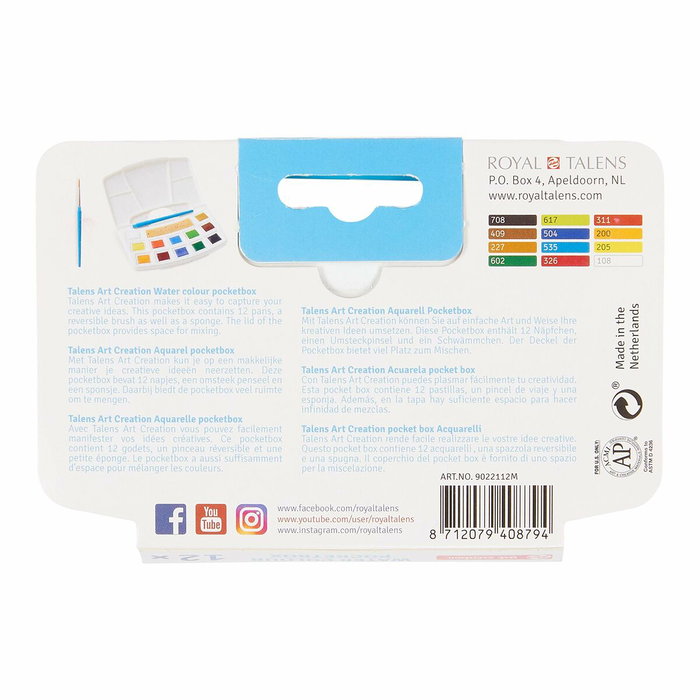Talens Art Creation Acuarelas Pocket Box con 12 Pastillas y Accesorios