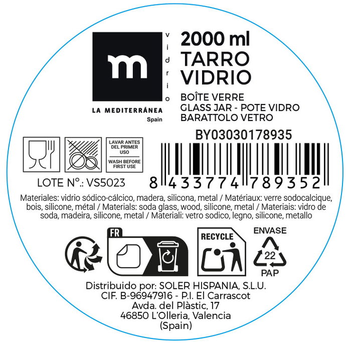 La Mediterranea Tarro Vidrio Tapa Acacia 2000 ml - 11.5 x 11.7 x 25.4 cm (12 Unidades)
