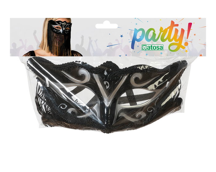 Antifaz Negro con Detalles Plateados y Flecos para Disfraz de Gala Antifaz Negro con Detalles Plateados y Flecos para Disfraz de Gala