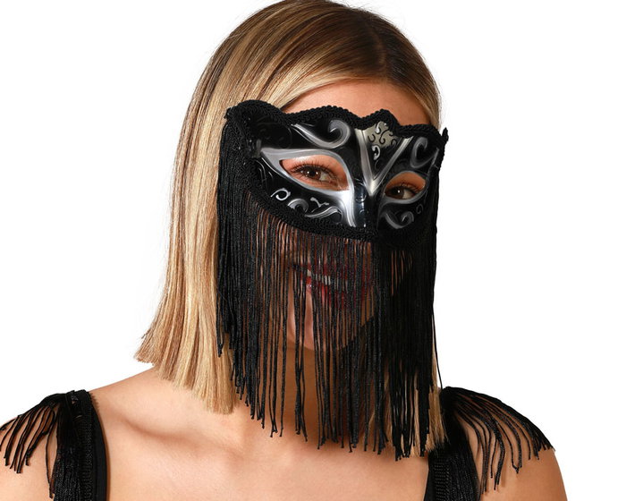 Antifaz Negro con Detalles Plateados y Flecos para Disfraz de Gala Antifaz Negro con Detalles Plateados y Flecos para Disfraz de Gala