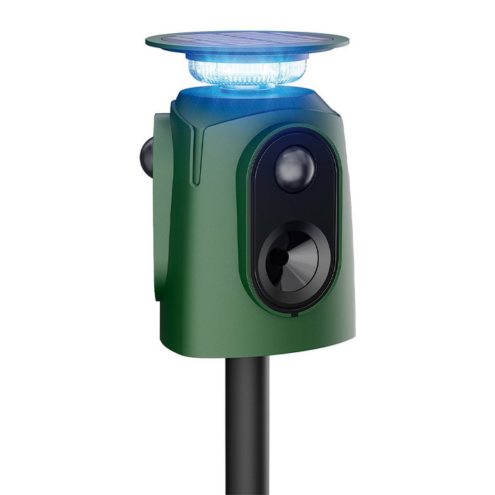 Massó Ahuyentador solar de animales, ultrasónico con luz 360° y sensor de movimiento IP65 5 modos Massó Ahuyentador solar de animales, ultrasónico con luz 360° y sensor de movimiento IP65 5 modos