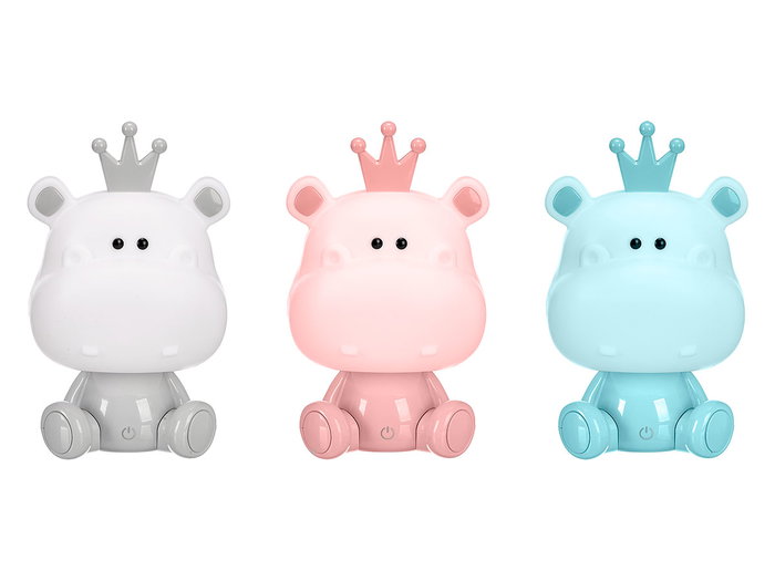 Giftdecor Lámpara Infantil Quitamiedos Hipopótamo con Luz LED USB 3 Intensidades, Surtido Colores Azul/Rosa/Blanco, Dimensiones 14.5x24x13 cm (Set de 8)