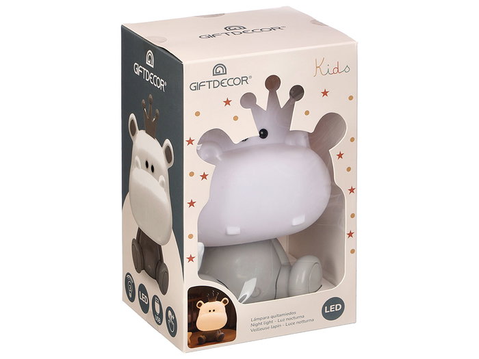 Giftdecor Lámpara Infantil Quitamiedos Hipopótamo con Luz LED USB 3 Intensidades, Surtido Colores Azul/Rosa/Blanco, Dimensiones 14.5x24x13 cm (Set de 8)