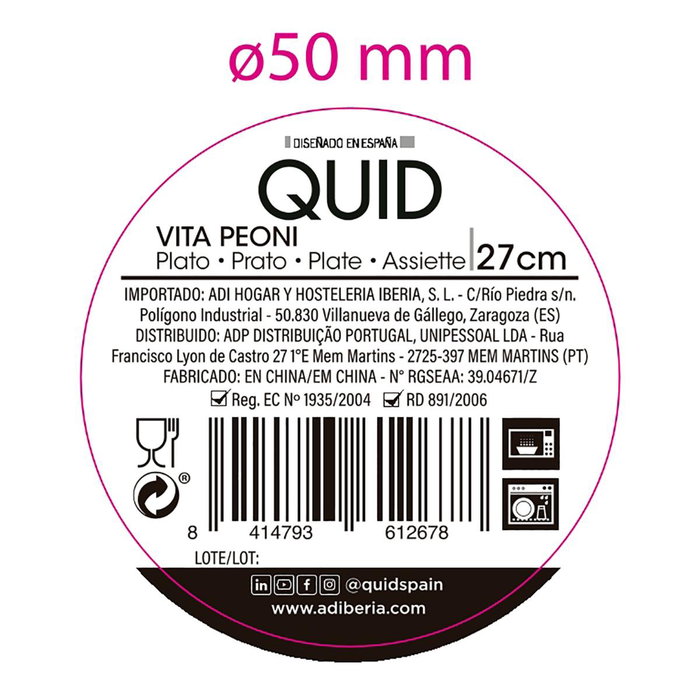 Quid Plato Llano Cerámico Vita Peoni Rosa 27 cm (12 Unidades)淘