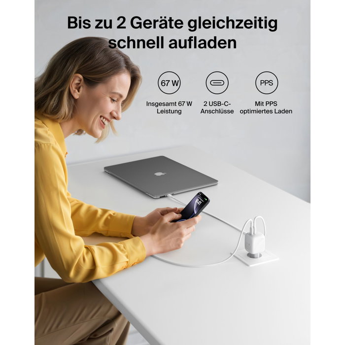 Belkin BoostCharge Pro Cargador Dual USB-C 67 W con Cable de 2 m Blanco