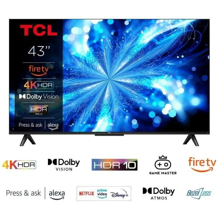 TCL 43PF650 Televisor Smart TV 4K UHD LED 43 pulgadas (108 cm) con tecnología HDR10, 3 puertos HDMI 2.1 y conectividad WiFi