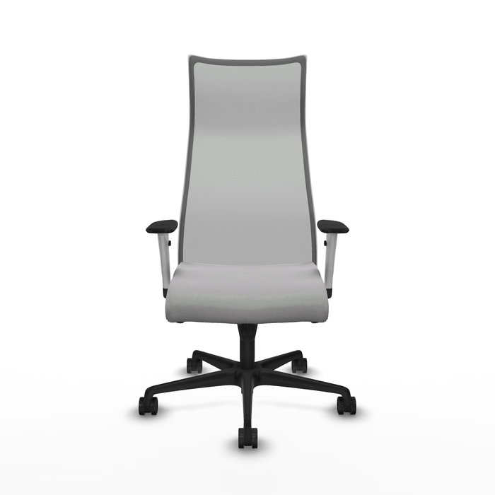 Sillón Albacete con mecanismo Sincro tapizada con Tela color Gris claro y malla color Gris. Equipado con Base nailon negra, Brazos 1D y Ruedas 65mm nailon