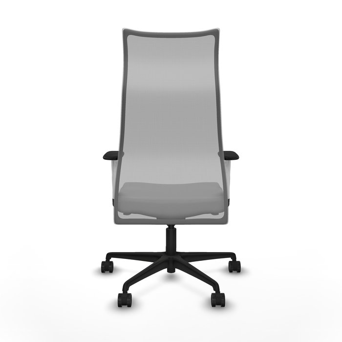 Sillón Albacete con mecanismo Sincro tapizada con Tela color Gris claro y malla color Gris. Equipado con Base nailon negra, Brazos 1D y Ruedas 65mm nailon