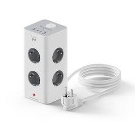 Ewent EW3864 - Regleta de Sobremesa de Torre con 8 Tomas Schuko, 2 Puertos USB-C QC3.0 20W y 2 USB-A - Protección Contra Sobrecargas y Cortocircuitos