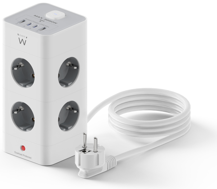 EWENT EW3864 Base Múltiple Torre 8 Salidas AC y 4 Puertos USB (2xUSB-A, 2xUSB-C PD 20W), Cable 2m, Interior, Gris/Blanco EWENT EW3864 Base Múltiple Torre 8 Salidas AC y 4 Puertos USB (2xUSB-A, 2xUSB-C PD 20W), Cable 2m, Interior, Gris/Blanco