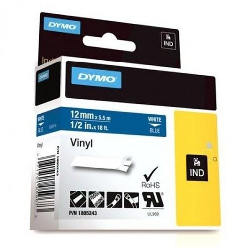 Dymo RHINO ID1-12 Cinta de Etiquetas Industrial de Vinilo Blanco sobre Azul 12mm x 5,5m