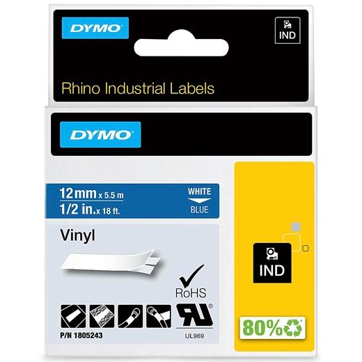 Dymo RHINO ID1-12 Cinta de Etiquetas Industrial de Vinilo Blanco sobre Azul 12mm x 5,5m