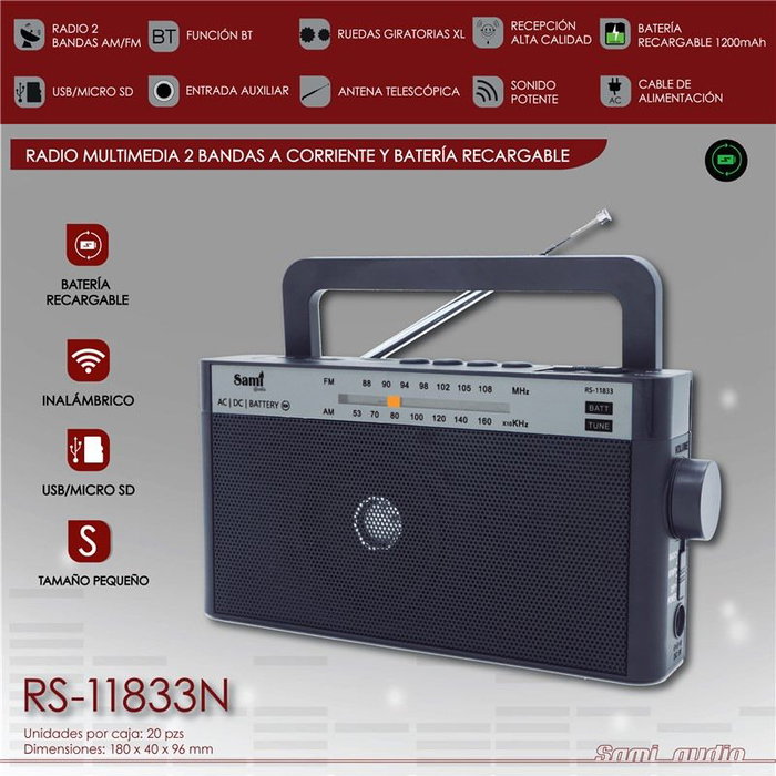 SAMI Radio Multimedia con Banda FM/AM, Alimentación AC/DC y Batería, Color Negro