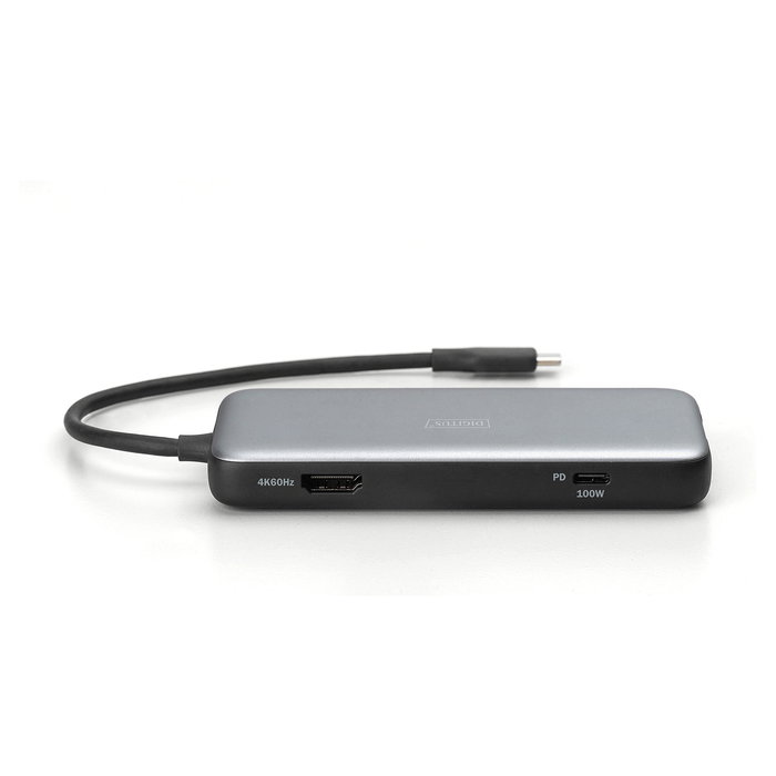Digitus Estación de acoplamiento USB-C de 7 puertos con HDMI, USB 3.2, RJ45 Gigabit, Lector SD, 100W PD y carcasa de aluminio - Compatible con 4K 60Hz