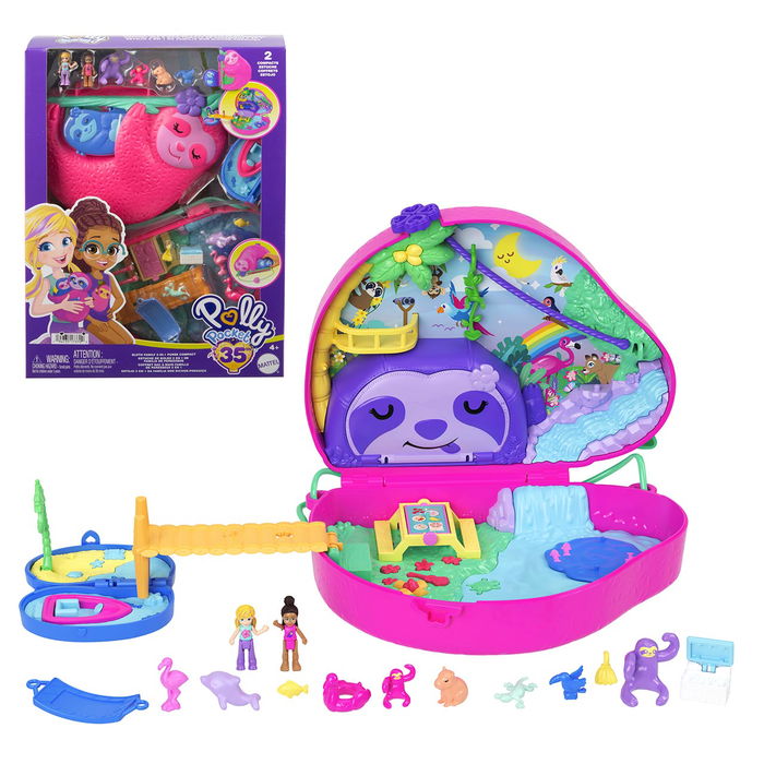 Mattel Polly Pocket Cofre Familia Perezosos 2 En 1 Set de Juego HRD40 con Muñecas y Accesorios